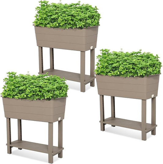 Aoodor 30" x 14" x 29" Raised Planter Box with Legs, Storage Shelf, Drainage Plug, and Water Level Indicator, for Vegetables, Flowers, Herbs, Outdoor Use, Set of 3, Khaki