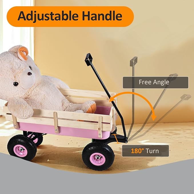 176 lb Kids Wagon Cart, 85L Large Capacity Durable Outdoor Tool Cart, Heavy Duty Cargo Wagon, Steel and Wooden Side with 10 Inch Inflatable Wheels, for Kids, Toys, Sport, Shopping (Pink)