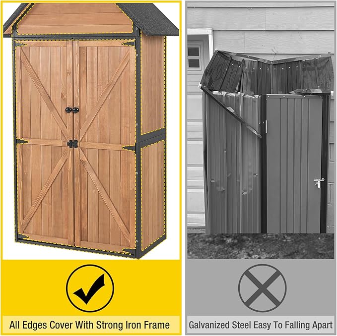 Aivituvin Shed Outdoor Storage Cabinet with All-Around Strong Metal Frame Wooden Tool House with Adjustable Shelfs and Floor,Waterproof Roof (Brown)
