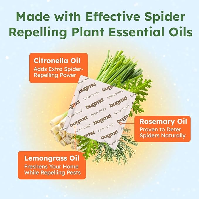BugMD Spider Shield Repellent Pouches (4 Pack, 16 Pouches) Plant-Based Indoor & Outdoor Spider Repellent | Safe for Pets & Family | Natural Citronella, Rosemary & Lemongrass Oils