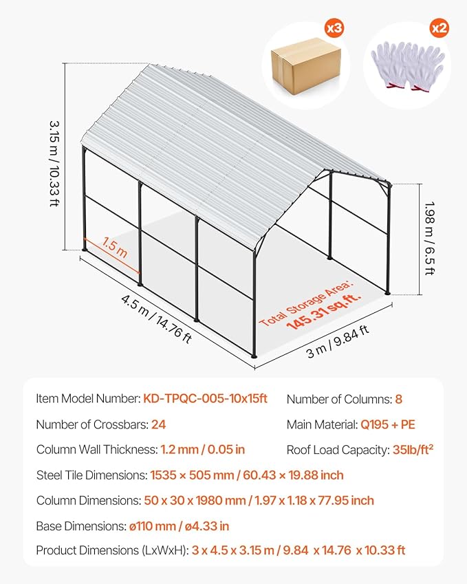 VEVOR Heavy Duty Metal Carport, 10' x 15' Outdoor Carport with Galvanized Steel Frame & Roof, Car Tent Garage Shade with Removable Sidewalls, Multi-Use Car Shelter for Pickup, Boat, Car & Tractors