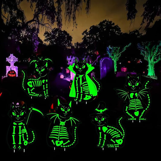 16.5”×12.6” Halloween Black Cat Yard Decorations Glowing in The Dark, 6Pcs Spooky Halloween Skeleton Cat Signs for Outdoor Porch, Garden, Graveyard and Party, Waterproof and Durable Yard Stake
