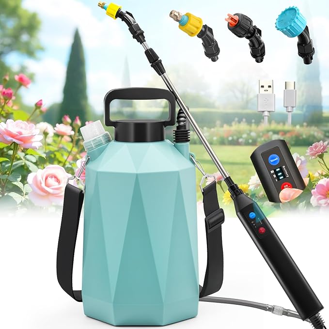 Battery Powered Sprayer 1.35Gallon/5L, 2025 Upgraded Electric Sprayer in Lawn and Garden with 3 Adjustable Force, Battery Indicator, Rechargeable Handle, Telescopic Wand,3 Mist Nozzles,Shoulder Strap