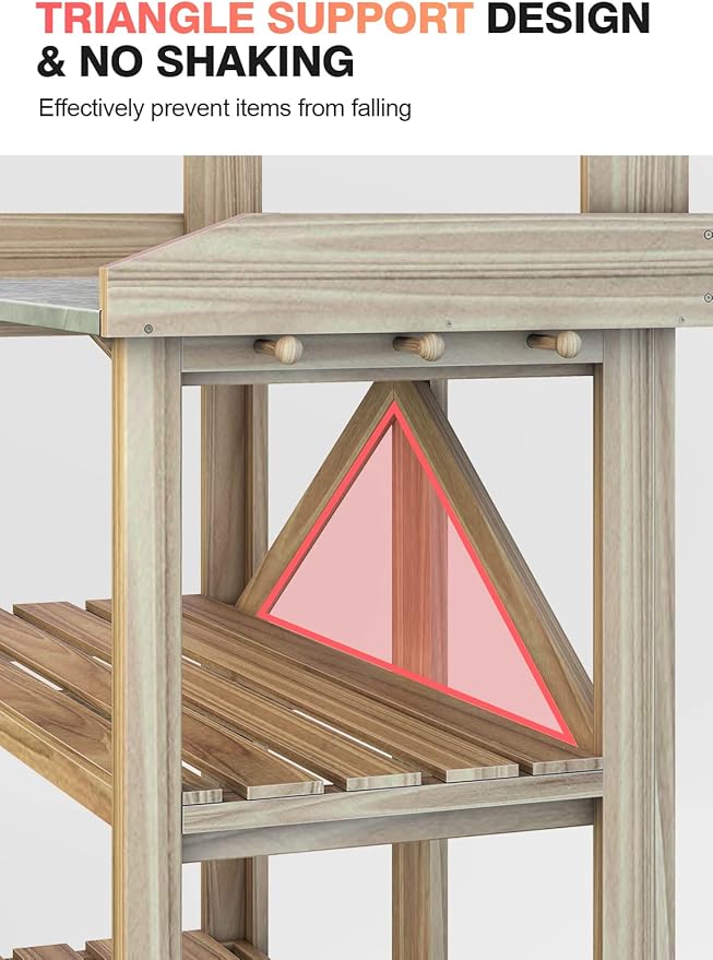 ARNOT Potting Bench, Enhanced 3-Shelf Potting Benches for Outdoors, Wooden Garden Potting Bench Tables W/Metal Tabletop & Cabinet Drawer, 3 Hooks