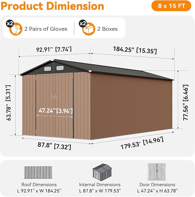 8x15 FT Metal Outdoor Storage Shed, Dual Doors with Lockable Bolts, Large Garden Shed for Yard Tools, Bike, Generator, Waterproof Galvanized Steel Panel with Vent & Sloping Roof(Brown)