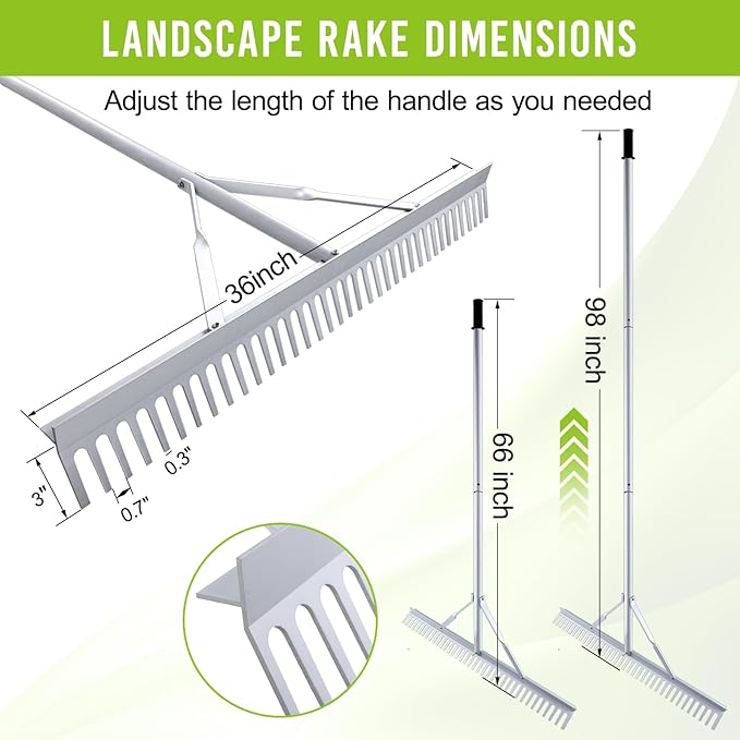 36 Inch Aluminum Landscape Rake, Garden Rake, Heavy Duty Rakes for Lawns, Metal Rake for Gardening, Loosening Soil, Lawn Care, Lake and Beach