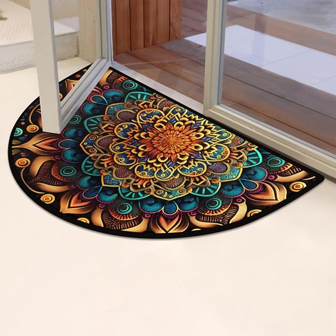 Mandala Half Round Door Mat, Ethnic Mandala Floral Semicircle Door Mats, Non Slip Area Rug Soft Doormat for Front Door Indoor Entrance Wear Resistant Welcome Mat for Garage Patio Home Decor 24 x 36 In