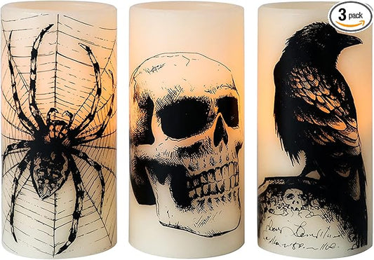Eldnacele Halloween LED Flameless Flickering Candles Battery Operated with 6H Timer Skull Spider Web Crow Raven Spooky Decals Halloween Themed Indoor Decoration(3 Pack, D3 x H6)