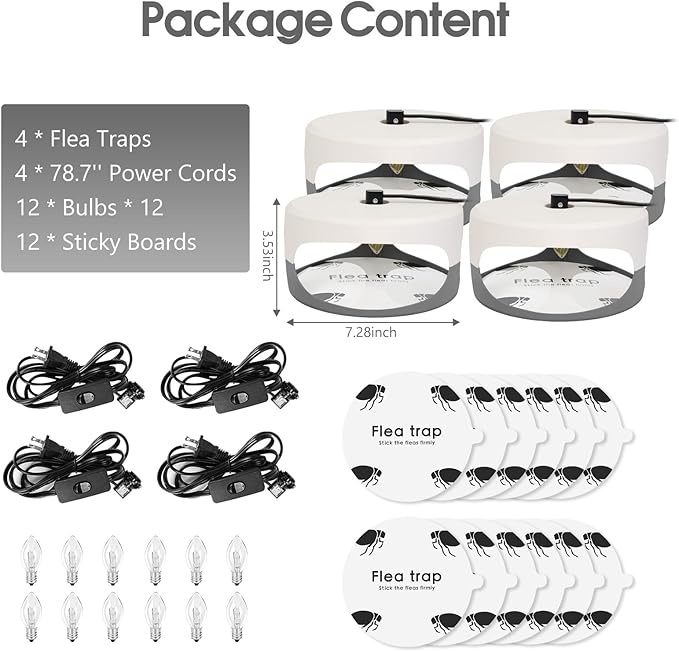 Flea Traps for Inside Your Home, 4 Pack Indoor Flea Light with 12 Sticky Pads Refills & 12 Bulbs Replacement, Odorless Bed Bug Killer Lamp Insect Infestation Treatment Glue Trap for Kids Pet