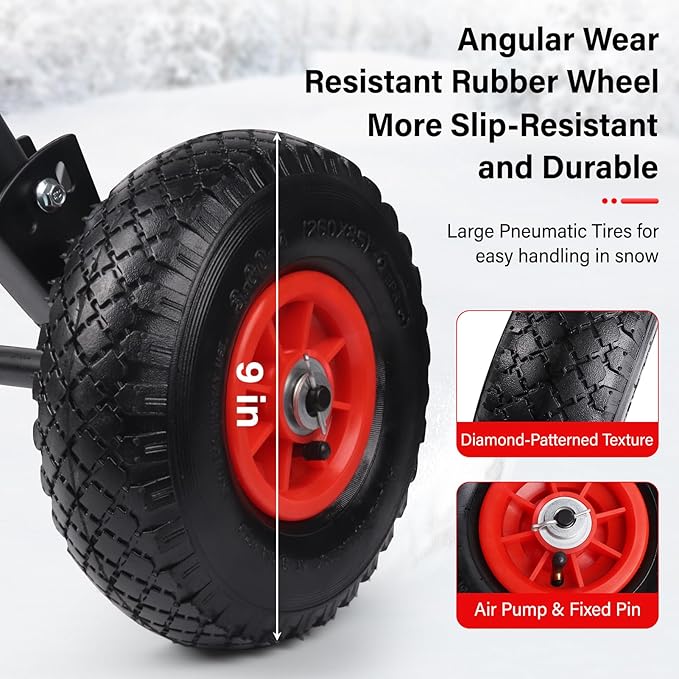 Snow Shovel Pusher for Driveway,Heavy Duty Steel Snow Shovel with Wheels,29 in Angled Blade Efficient Snow Removal,3 Level Adjustable Height Handle,Snow Plow with Safety Reflective Tape