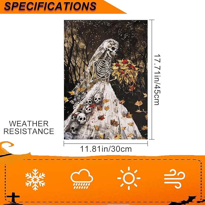 IVN Halloween Garden Flag 12x18 Inch Skeleton Bride Skulls Gothic Spooky Haunted Fall Leaves Forest Double Sided Outdoor Decor Welcome Flag for Yard Home Porch Patio Decorations