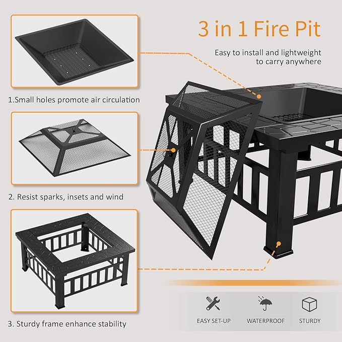 Flamaker Outdoor Fire Pit 32 Inch Patio Square Metal Firepit with Cover Poker & Grate Wood Burning Fireplace Backyard Stove for Outside Heating Camping