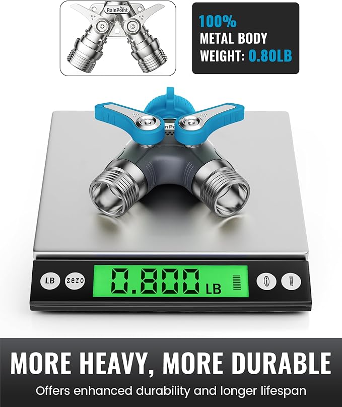 RAINPOINT Garden Hose Splitter, 2 Way Heavy Duty Water Hose Y Spigot Splitter with Shutoff Valves, 100% Metal Body Outdoor Faucet Splitter, 1.9" Extra Long Metal Handle, 3/4" GHT Thread (1, Blue)
