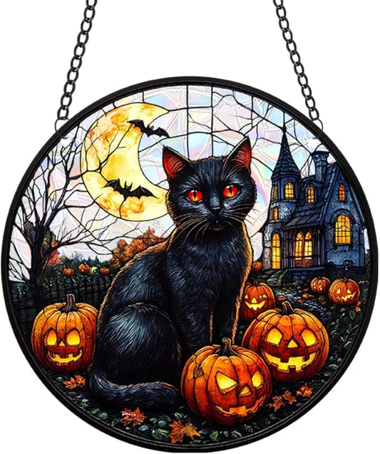 Halloween Sun Catcher - 8 Inch Round Suncatcher for Window Hanging Decoration - Creates Indoor Rainbows Light Refraction - Spooky Ghost, Witch, Pumpkin Design - Suction Cup Hook & Chain