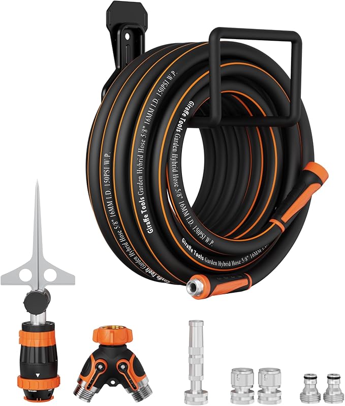 Giraffe Tools Garden Hose 50ft x 5/8", Water Hose Heavy Duty, Flexible with Splitter Nozzle and Sprinkle, Lightweight Hybrid Hose with Swivel Handle, Male to Female Fittings, Burst 600 PSI