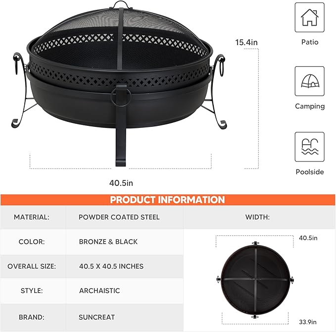 SUNCREAT Outdoor Patio Fire Pit with Mesh Spark Screen, 40" Portable Fire Pit for Camping, Black