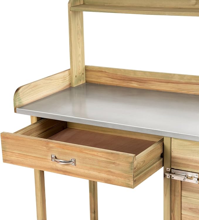 Giantex Potting Bench Table for Outside Natural Wood Garden Plant Lawn Patio Table Storage Shelf Metal Tabletop Outdoor Workstation Flower Pot Bench (Natural Fir w/Cabinet)