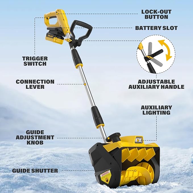 Cordless Snow Shovel, 12-Inch 20V Electric Snow Shovels, Snow Shovel for Driveway with Directional Plate and Adjustable Front Handle, Equipped with LED lights, 4.0Ah Battery and Quick Charger Included