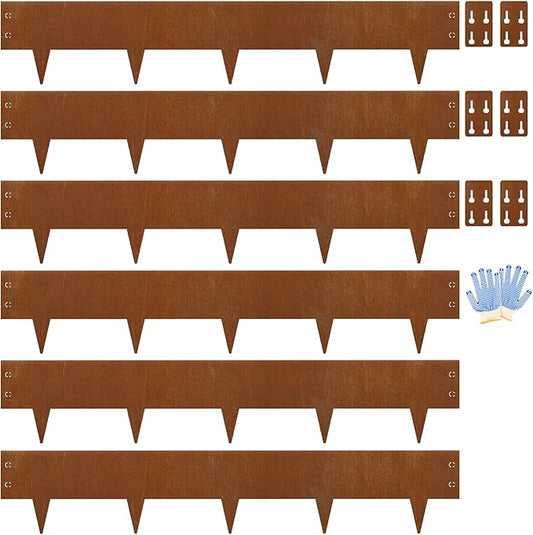 Heavy-Duty Cor-Ten Steel Landscape Edging (8" H x 40" L) - 6-Pack (20 Ft Total) | Pre-Rusted, Weatherproof Garden Border | Hammer-in, No Dig, Bendable Design for Lawns, Flower Beds & Trees