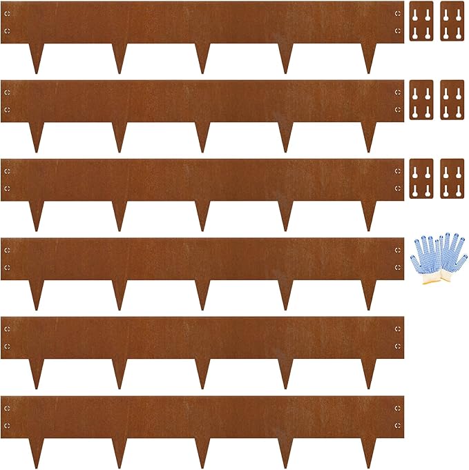 Cor Ten Steel Landscape Edging 6" H x 40" L, 6 Pack Heavy Duty Metal Garden Edging, 20Ft Pre-Rustyed Steel Edging, Bendable Metal Edging for Landscaping, Yard, Tree, Flower Bed
