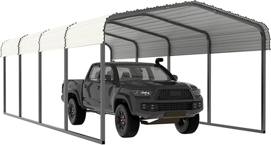 12x20 FT Outdoor Carport with Metal Roof, Heavy Duty Metal Carport Canopy, Garage Car Shelter Shade for Car, Truck, Boat, Eggshell