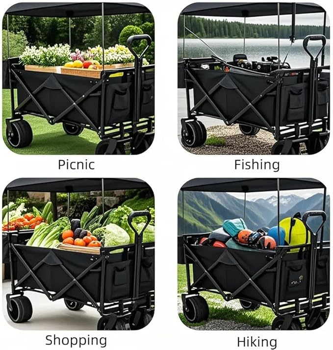 AthLike Extra Large Collapsible Wagon w/Removable Canopy, 250lbs/262L Capacity Foldable Garden Cart w/Rear Storage, Heavy Duty Push&Pull Utility Camping Beach Stroller w/Big Wheel&Adjustable Handles