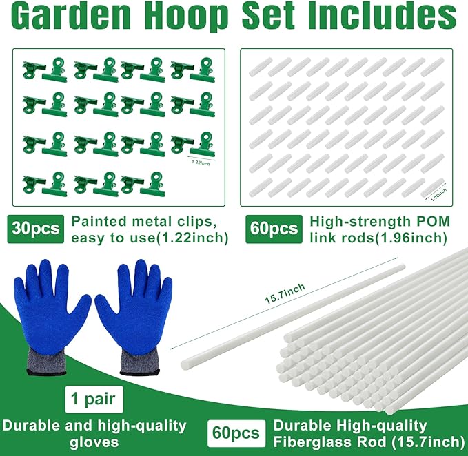 60 Pcs Garden Hoops for Raised Beds, 12 Sets Rust-Free Fiberglass Greenhouse Hoops - Grow Tunnel Kit for Plant Support, Row Covers, Netting, and Low Tunnel Hoops, Perfect for DIY Garden Projects