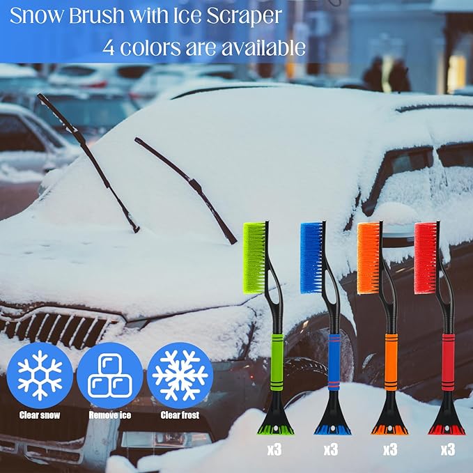 Uiifan 12 Pcs 24" Snow Brush and Ice Scrapers for Car Windshield Windows Detachable No Scratch Scraper for Ice and Snow Removal Winter with Foam Grip Trucks SUVs (Red,Orange,Blue,Green)