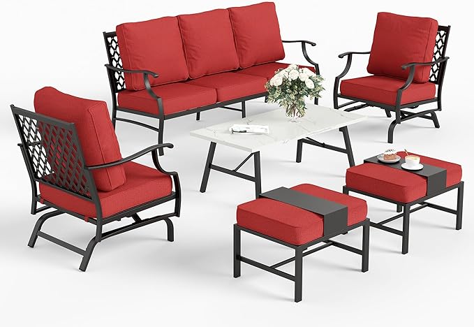 6 Piece Metal Outdoor Patio Furniture Set, Patio Conversation Set 1 3-Seater Sofa, 2 Rocking Chair, 2 Ottomans with 5.75" Thick Cushion and Coffee Table, Black Backyard Furniture, Red