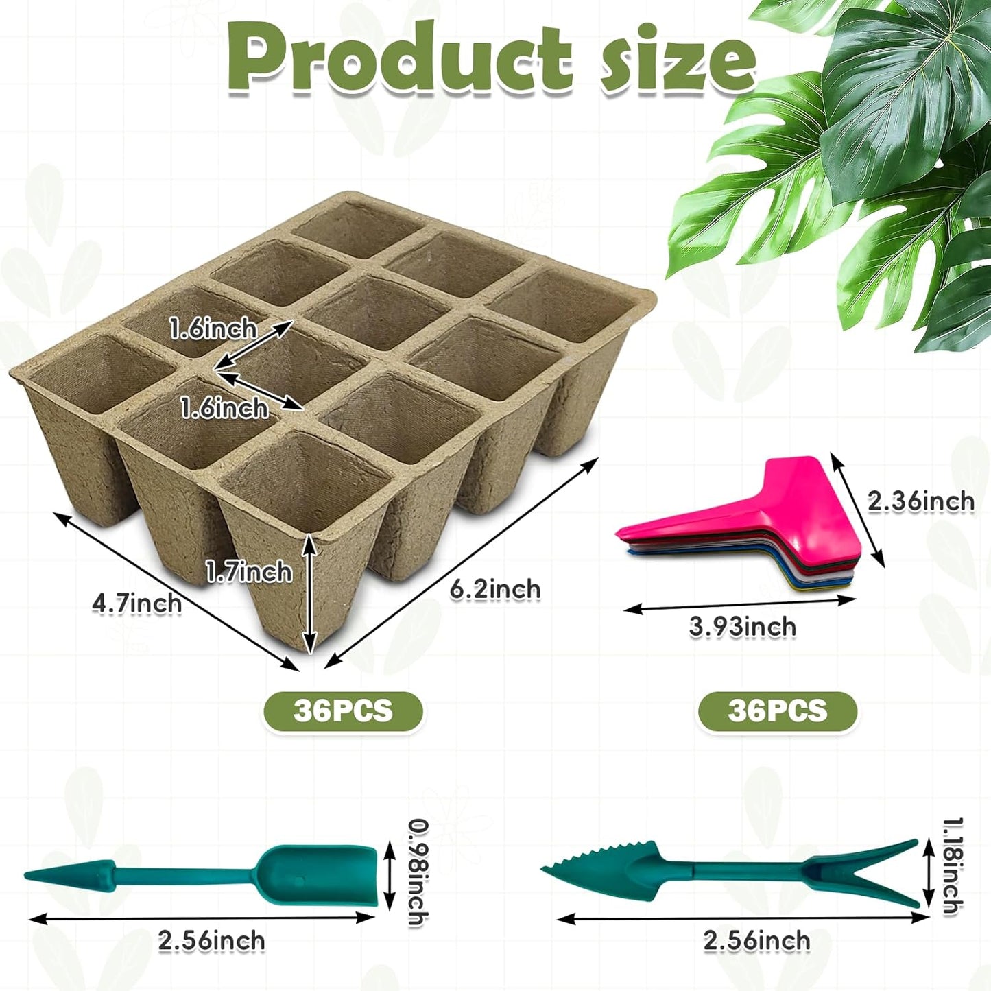 PINVNBY 432 Cells Seed Starter Tray 36 Packs Biodegradable Peat Pots for Seedlings Disposable Seedling Starter Trays with 36 Labels and 2 Transplant Tools