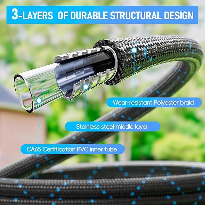 Garden Hose 25ft, 3-Layer Flexible Water Hose with 8 Pattern Spray Nozzle, Non-Expanding & Lightweight Stainless Steel Hose for Yard, Lawn, Outdoor-Leak Proof, No-kink & Tangle-free