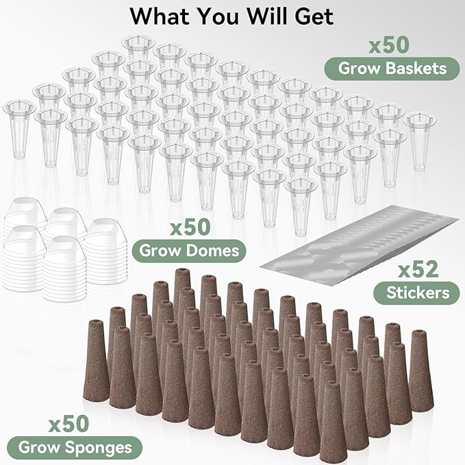 LYKOCLEAN 202pcs Hydroponic Pods Kit for Aerogarden and idoo, Grow Anything Kit with 50 Grow Sponges, 50 Grow Baskets, 50 Grow Domes, 50 Pod Labels, Compatible with Hydroponics Supplies for All