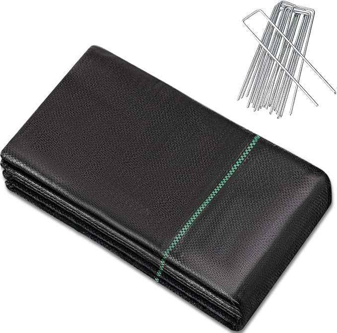 16 Garden Stakes+ 4ftx50ft Weed Barrier Landscape Fabric Heavy Duty, Weed Gardening Ground Cover Mat, Weed Control Garden Cloth, Woven Geotextile Fabric for Underlayment, Commercial Driveway Fabric