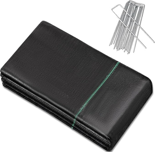 16 Garden Stakes+ 4ftx50ft Weed Barrier Landscape Fabric Heavy Duty, Weed Gardening Ground Cover Mat, Weed Control Garden Cloth, Woven Geotextile Fabric for Underlayment, Commercial Driveway Fabric