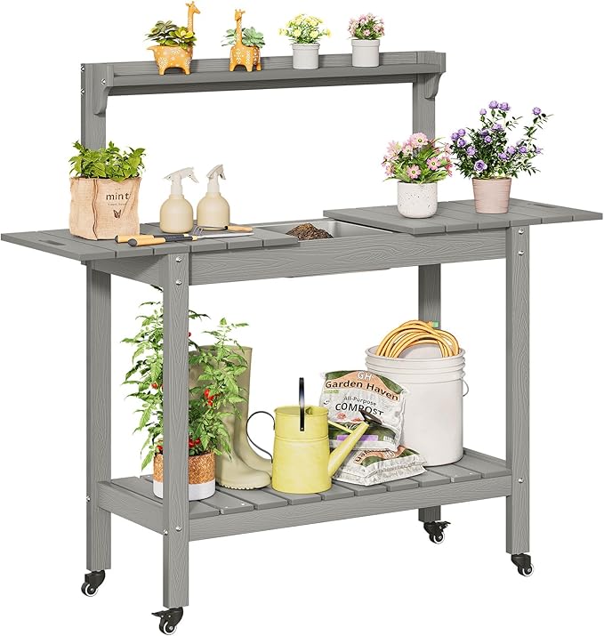 HDPS Outdoor Potting Bench with Sliding Tabletop/ 4 Wheels/Removable Sink, All-Weather Outside Garden Work Table, No Rust/Fade/Break, Potting Station for Porch, Patio & Backyard (Grey)