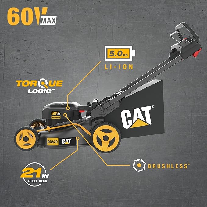 Cat DG670 60V 21" Cordless 3-In-1 Cutting Modes, Brushless Push Lawn Mower with TorqLogic - Battery & Charger Included