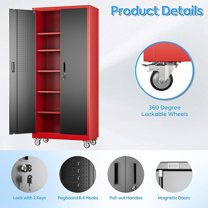 71"H×32"W×16"D Rolling Tool Storage Cabinet with 5 Adjustable Shelves and Pegboard,Metal Garage Storage Cabinet with Wheels for Garage Home Office Utility Room,Required Assembly, Red and Black
