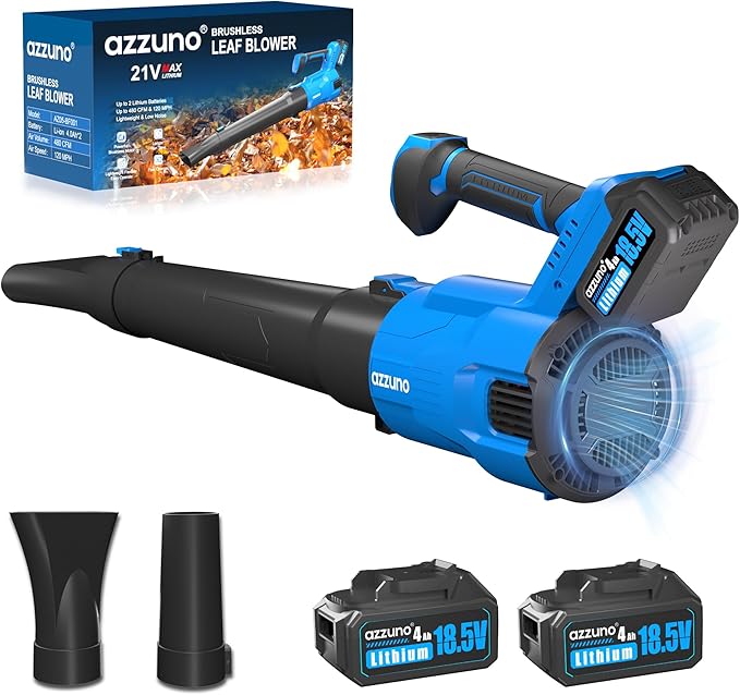AZZUNO Cordless Brushless Leaf Blower with 2 x 4.0Ah Battery and Charger,3 Speed Mode MAX 580CFM Brushless Motor, Electric Blower for Lawn Care,Patio,Leaves,Dust,and Snow Removal