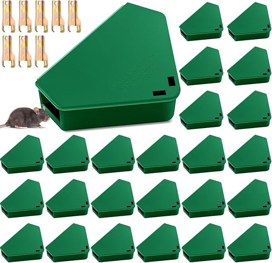 Qualirey 24 Pcs Mice Station with Key Triangle Bait Station Reusable Rodent Trap Bait Box, Keeps Children and Pets Safe Indoor & Outdoor, Bait Not Included, Suitable for Small Mice (Green)