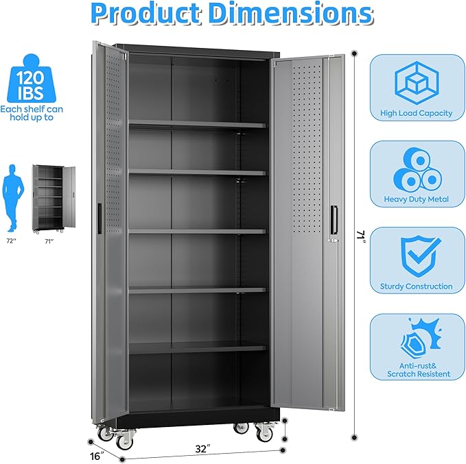 71"H×32"W×16"D Rolling Tool Storage Cabinet with 5 Adjustable Shelves and Pegboard,Metal Garage Storage Cabinet with Wheels for Garage Home Office Utility Room,Required Assembly, Black and Dark Grey