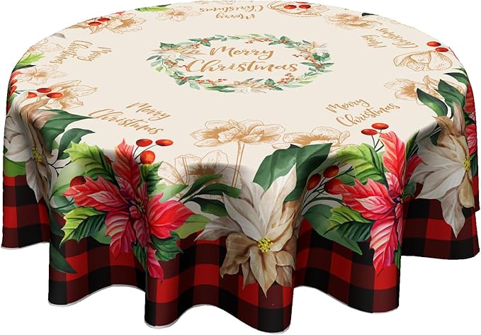 Giwawa Buffalo Check Plaid Christmas Round Tablecloth, Traditional Poinsettia Print Resistant Polyester Table Cloth with Xmas Floral and Berry for Party Decoration/Holiday 60 Inch