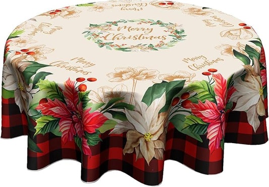 Giwawa Buffalo Check Plaid Christmas Round Tablecloth, Traditional Poinsettia Print Resistant Polyester Table Cloth with Xmas Floral and Berry for Party Decoration/Holiday 60 Inch