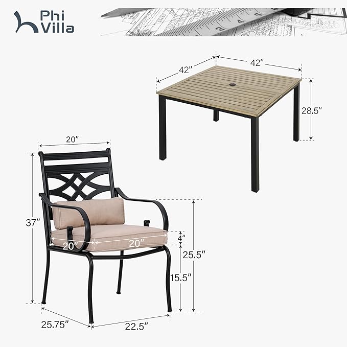 PHI VILLA 5 Pcs Patio Dining Set, Table Chair Set for 4 With Outdoor Chairs and Metal Frame Steel Square Table, Dining Furniture With Cushion and Pillow for Garden Lawn Deck