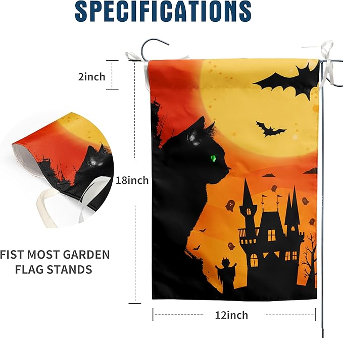 Black Cat Garden Flag 12 x 18 Halloween Cat with Green Eyes Decorative Flags for Outside Yard Decor Double Sided