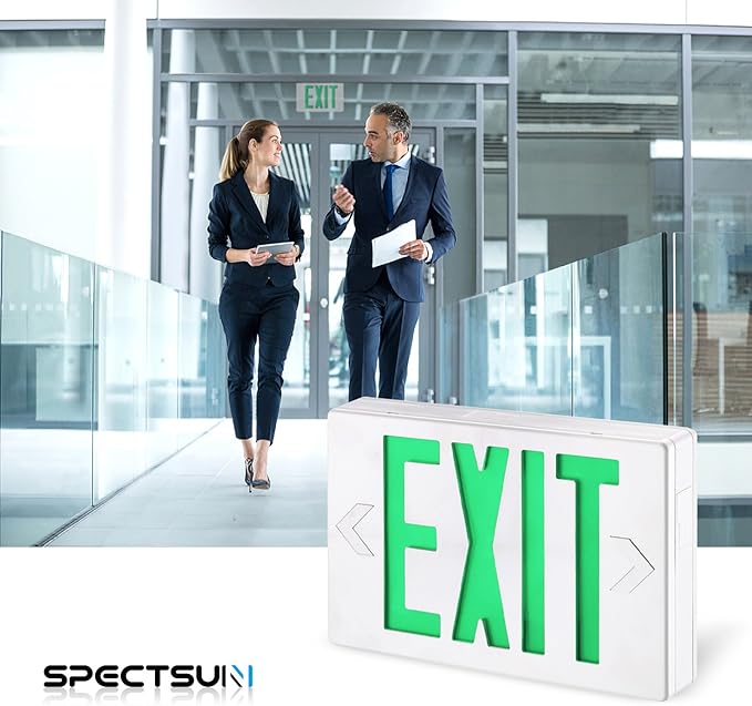 SPECTSUN 2-Packs Emergency Exit Sign - Dual-Directional Green LED Lights with 90-Min Battery Backup, UL Listed AC 120/277V Hardwired for Fire Safety Compliance (Adjustable Heads, Wall/Ceiling Mount).