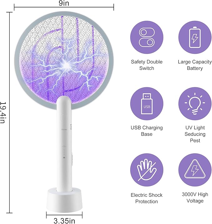 Electric Fly Swatter 3000V Bug Zapper Racket, 1200mAh Rechargeable Raqueta Electrica Mosquitos Hand Held Dual Modes Mosquito Killer with Purple Mosquito Light for Indoor Outdoor - 2Pack