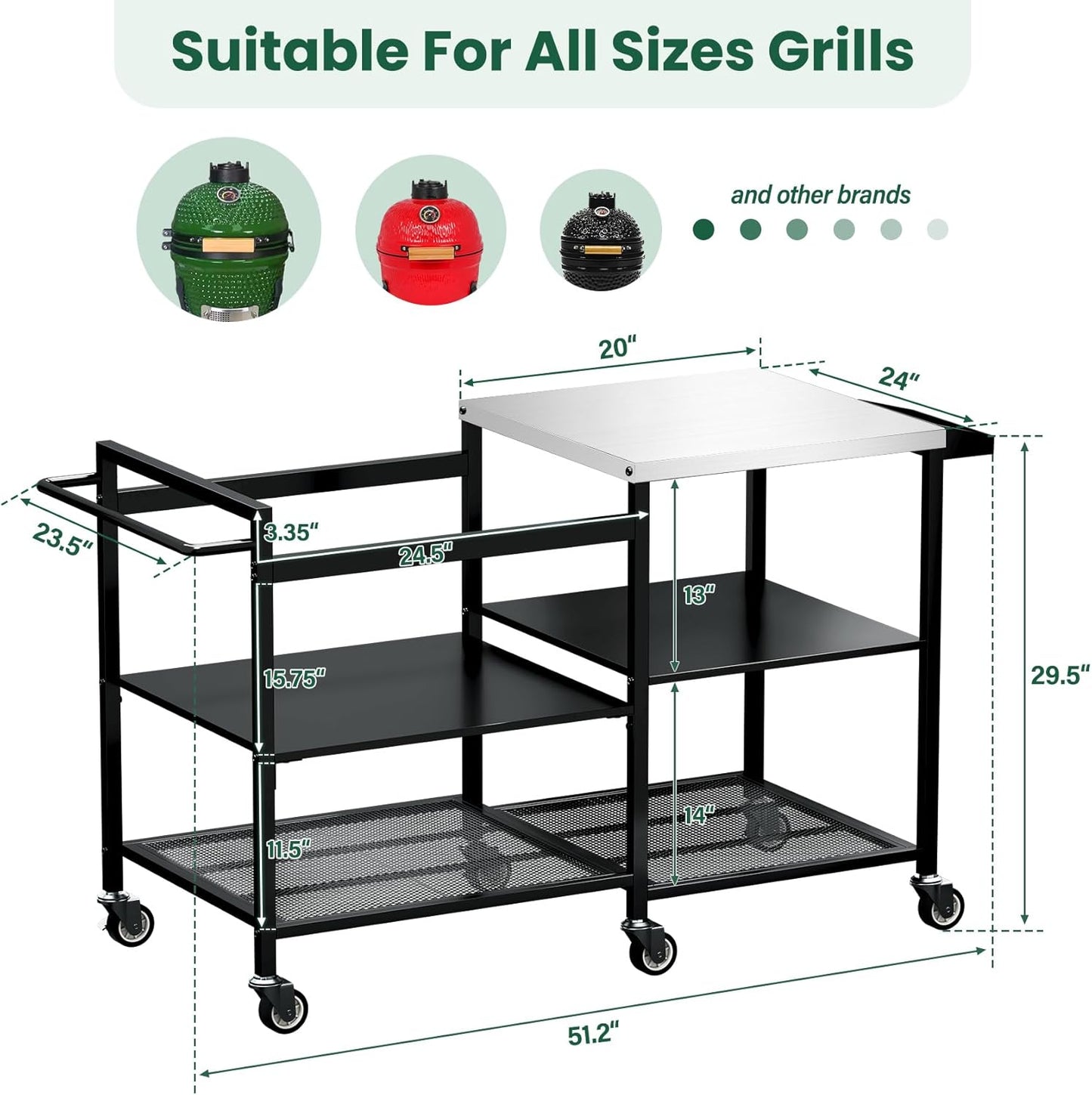 TC-HOMENY Grill Table for Big Green Egg Stand, Metal Cooking Table Stand with Wheels, Heavy Duty Outdoor Movable Style BBQ Grill Cart, Grill Holder Compatible with Large Big Green Egg and Other Models