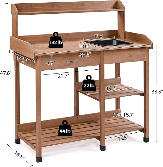Yaheetech Potting Bench Outdoor Garden Work Bench Station Planting Solid Wood Construction for Horticulture w/Sink Drawer Rack Shelves Brown