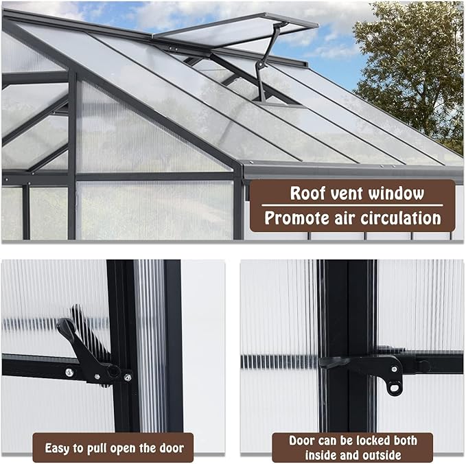 BPS 6' x 10' Walk-in Polycarbonate Greenhouse with Heavy-Duty Aluminum Frame, 2 Vent Windows & Lockable Door for Outdoor, Patio, Backyard, and Garden Use