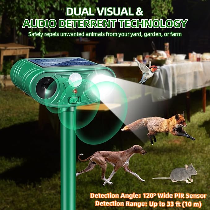 Solar Ultrasonic Animal Repeller Cat Deterrent Outdoor Squirrel Rabbit Dog Skunk Raccoon Coyote Fox Deer Predator Deterrents Repellent Device with Light (2)